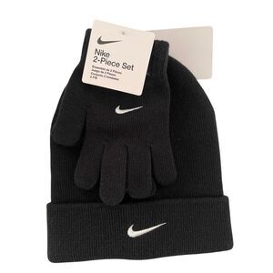 Nike Youth Black Winter 2-Piece Beanie & Gloves Set Brand New Ribbed